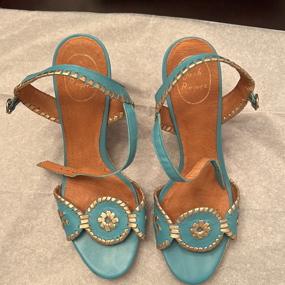 Jack Rodgers Turquoise and Gold Clare Rope Wedge Sandal Size 10